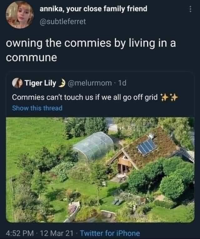 This meme is a humorous commentary on the idea of owning something by living in it. The image shows an aerial view of a communal garden or "commune" with several houses and a greenhouse. The text above the image reads "owning the commies by living in a commune".